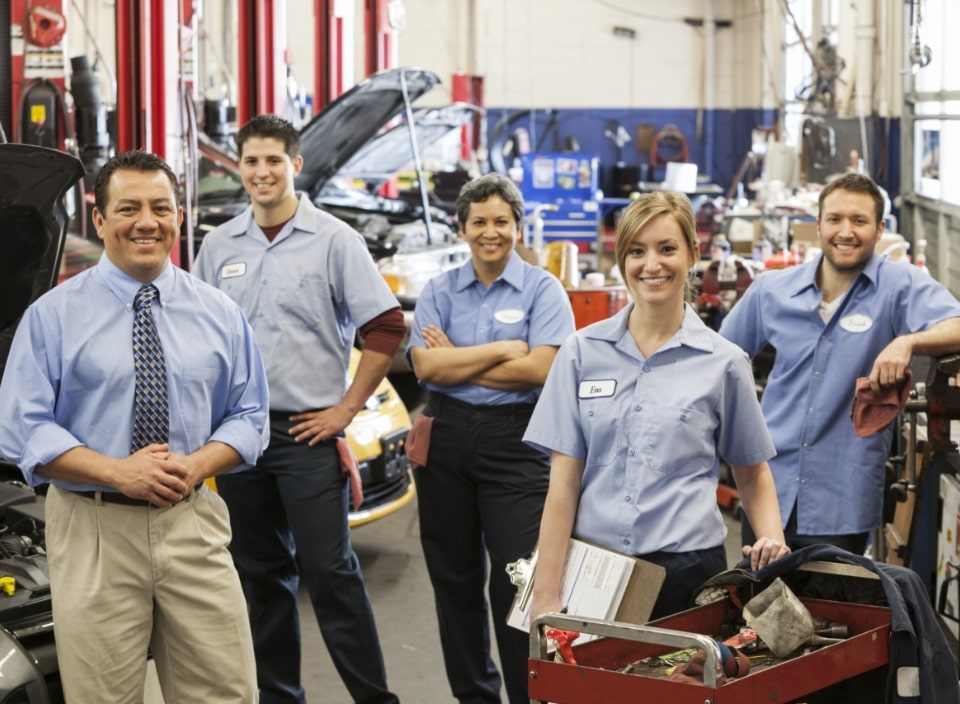 Service team members in shop